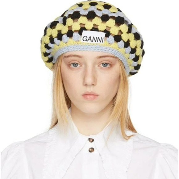 Ganni Women\'s Lambswool Crochet Beret Tricolor (MSRP $195) main image 9